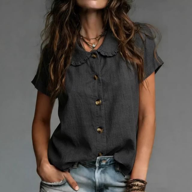 Short Sleeve Frill Collar Plain Blouse