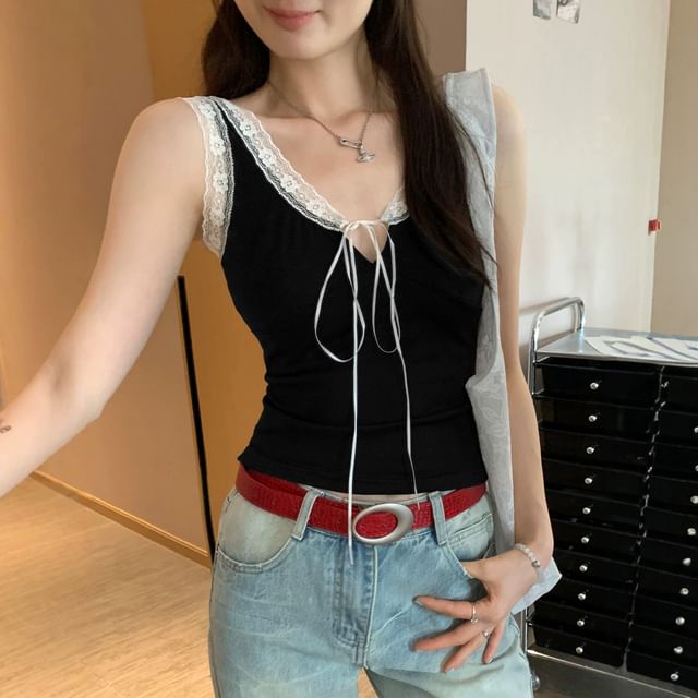 Sleeveless V-Neck Plain Lace Trim Top