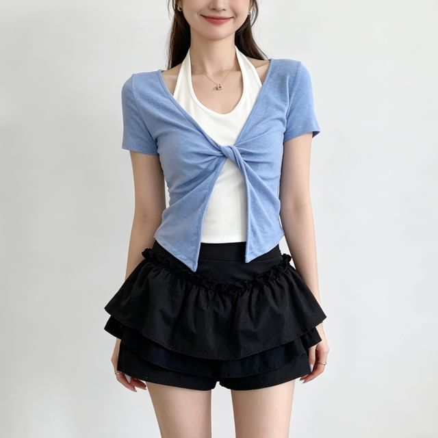 Short-Sleeve Halter Neck Mock Two Piece Crop T-Shirt