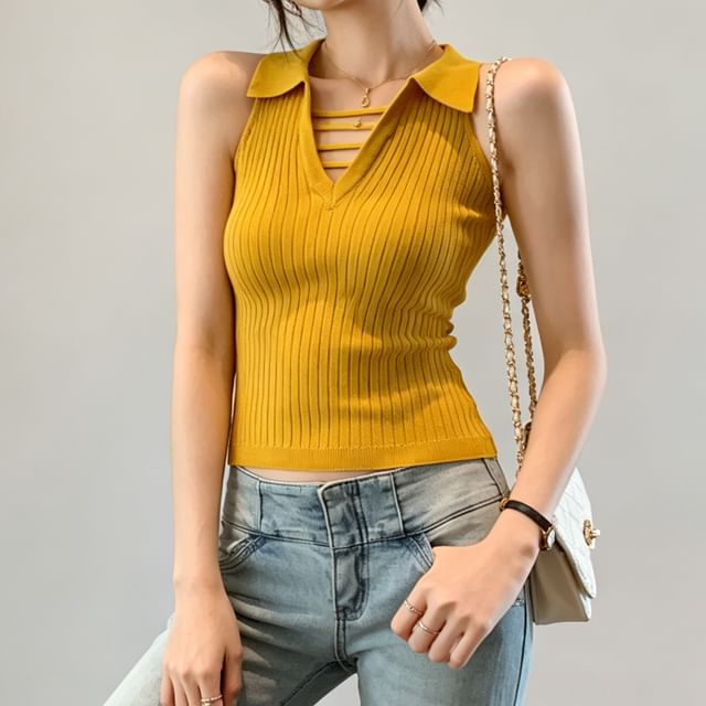 Sleeveless Collared V-Neck Plain Ribbed Knit Cropped Top