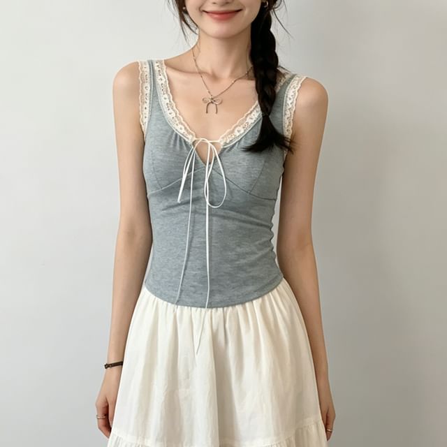 Sleeveless V-Neck Plain Lace Trim Top