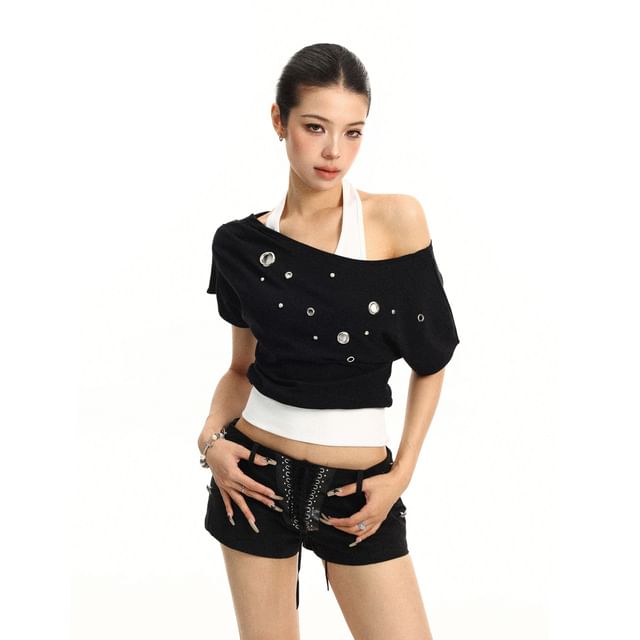 Mock Two-Piece Short-Sleeve Halter Neck Off-Shoulder Two Tone Grommet Crop T-Shirt