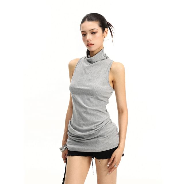 Turtleneck Plain Twisted Racerback Slim Fit Tank Top