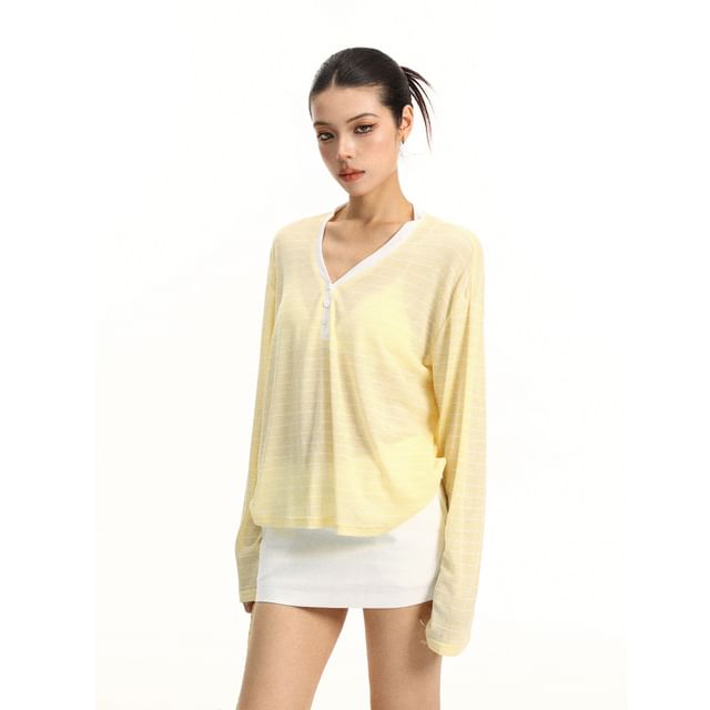 Long-Sleeve V-Neck Striped Contrast Trim Sheer T-Shirt