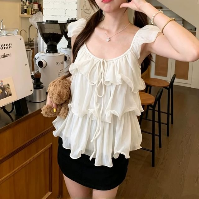 Sleeveless Scoop Neck Plain Ruffle Trim Top