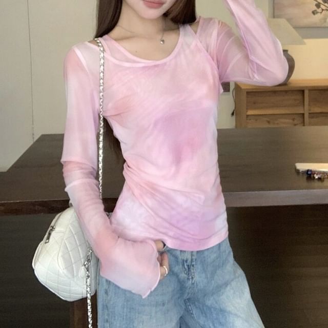 Long-Sleeve Mock Two Piece Tie-Dye T-Shirt