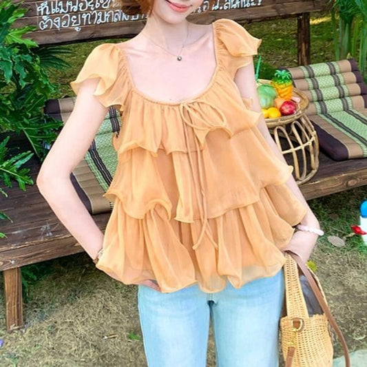 Sleeveless Scoop Neck Plain Ruffle Trim Camisole Top