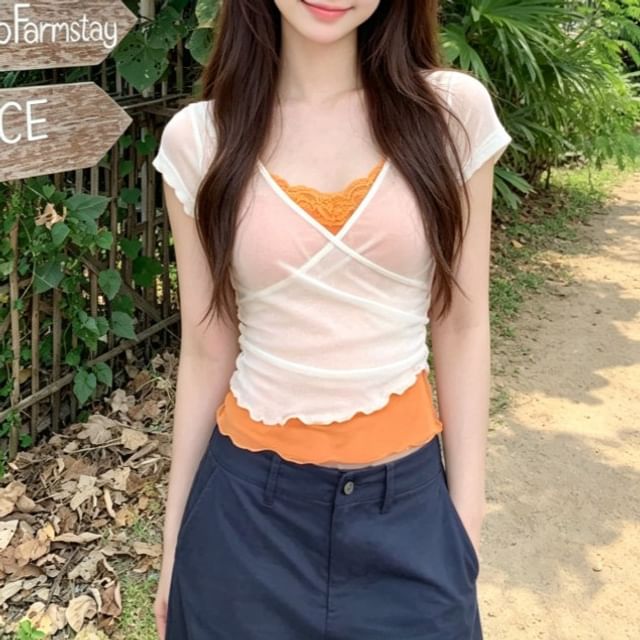 Short-Sleeve V-Neck Plain Ruffle Mock Two Piece Top