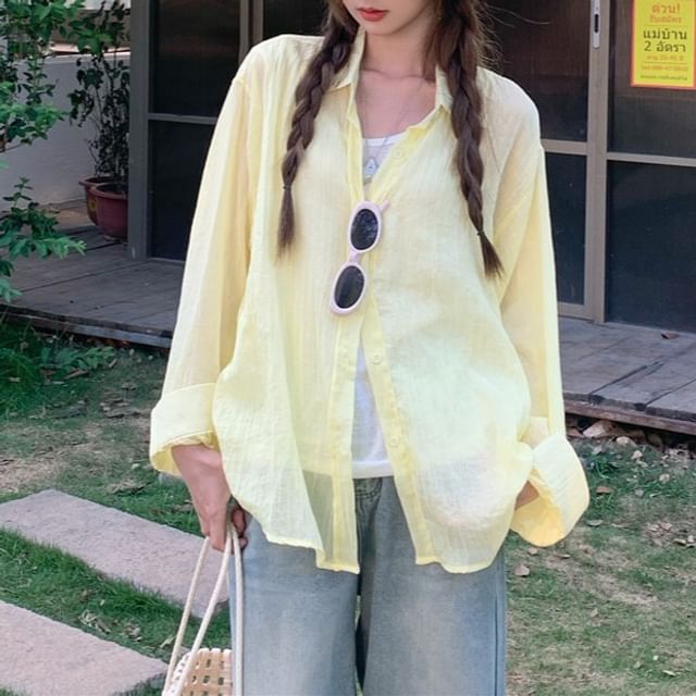 Long-Sleeve Collared Plain Button Up Shirt