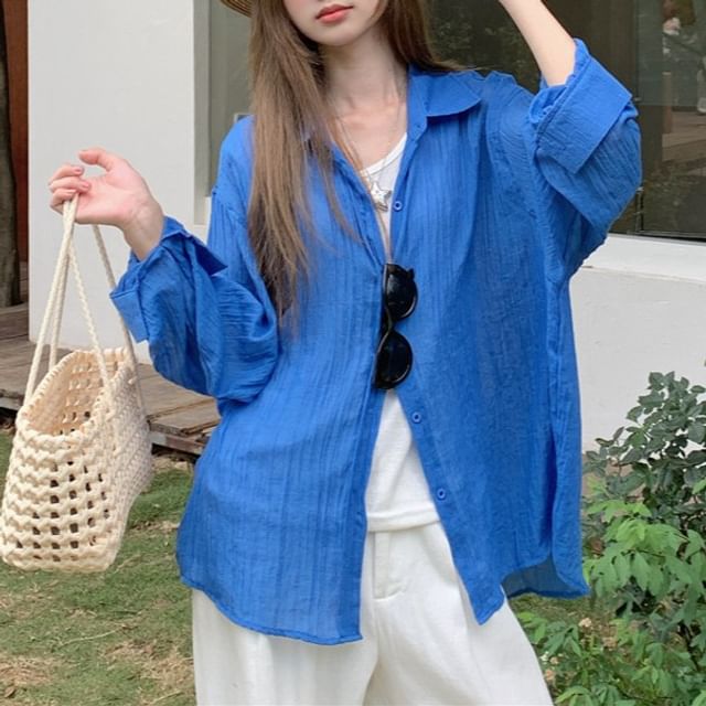 Long-Sleeve Collared Plain Button Up Shirt