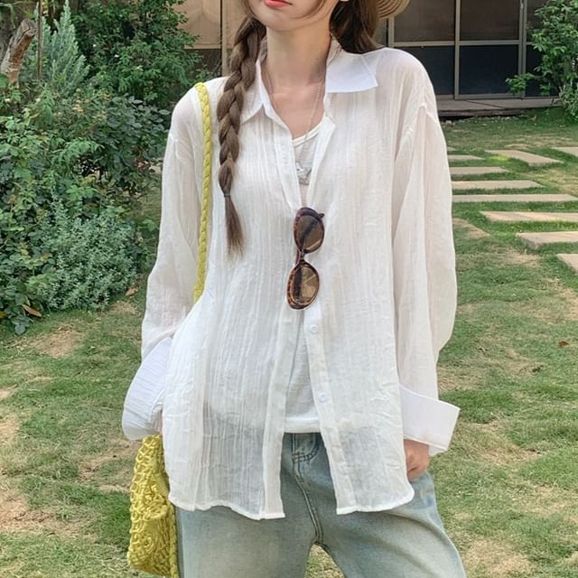 Long-Sleeve Collared Plain Button Up Shirt