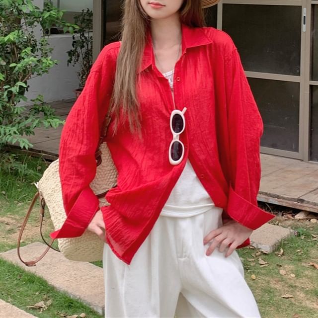 Long-Sleeve Collared Plain Button Up Shirt