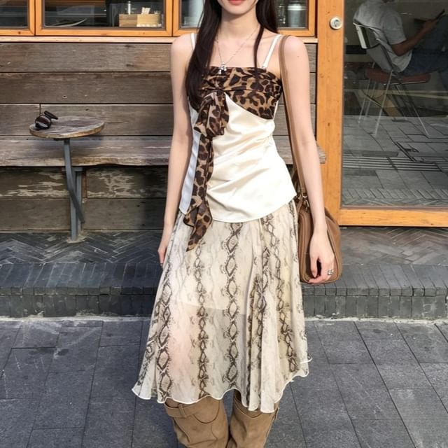 Spaghetti Strap Leopard Panel Camisole Top / Mid Rise Snake Print Midi A-Line Skirt