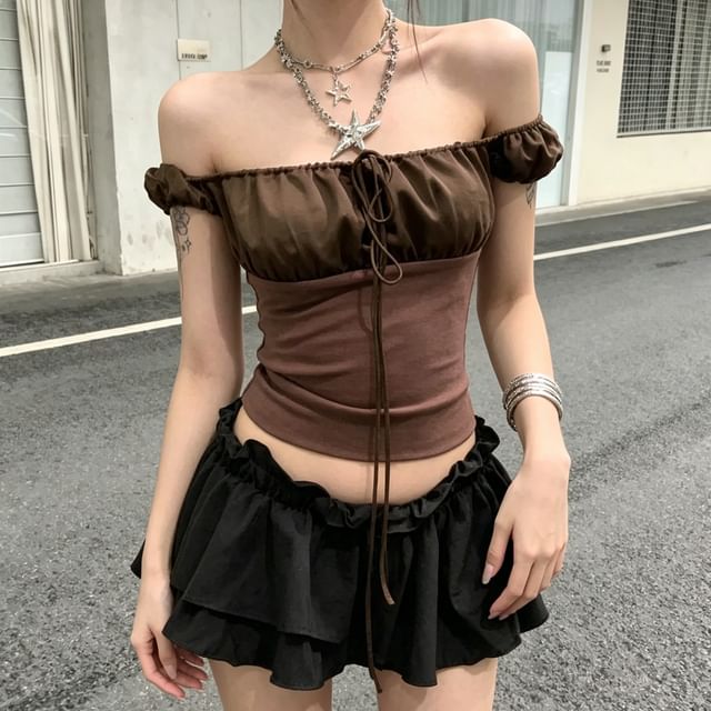 Short-Sleeve Off Shoulder Plain Ruched Crop T-Shirt