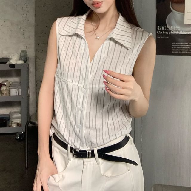 Sleeveless Collared Striped Button Up Shirt