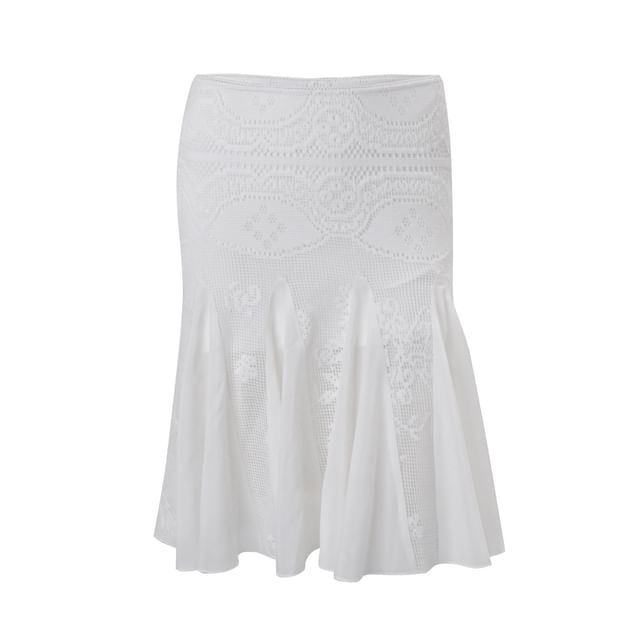 Square-Neck Lace Crop Tank Top with Mesh Panel Skirt