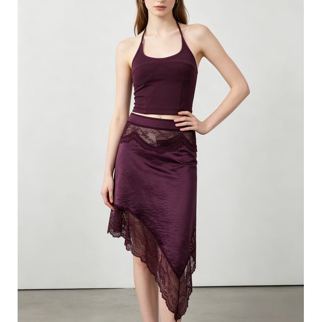 Halter Neck Slim-Fit Camisole Top with Lace Panel Mini Skirt