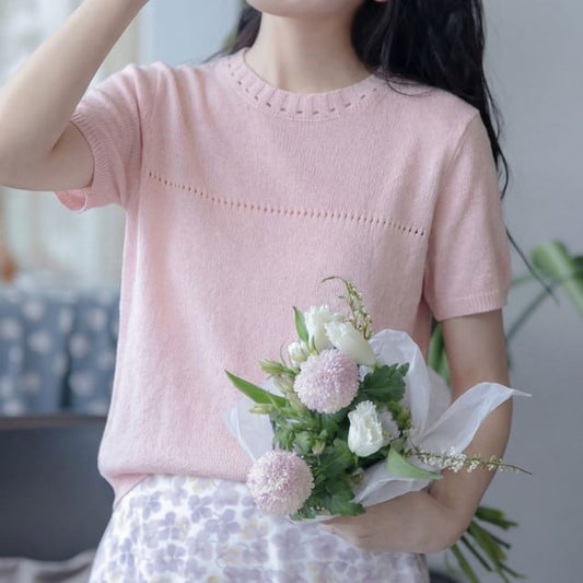 Short Sleeve Crew Neck Perforated Knit Top