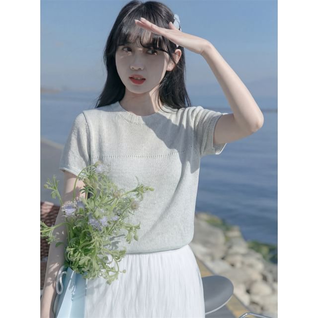 Short Sleeve Crew Neck Perforated Knit Top