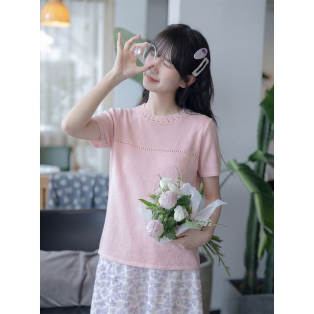 Short Sleeve Crew Neck Perforated Knit Top