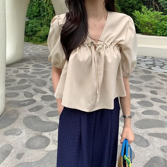 Short-Sleeve V-Neck Plain Blouse
