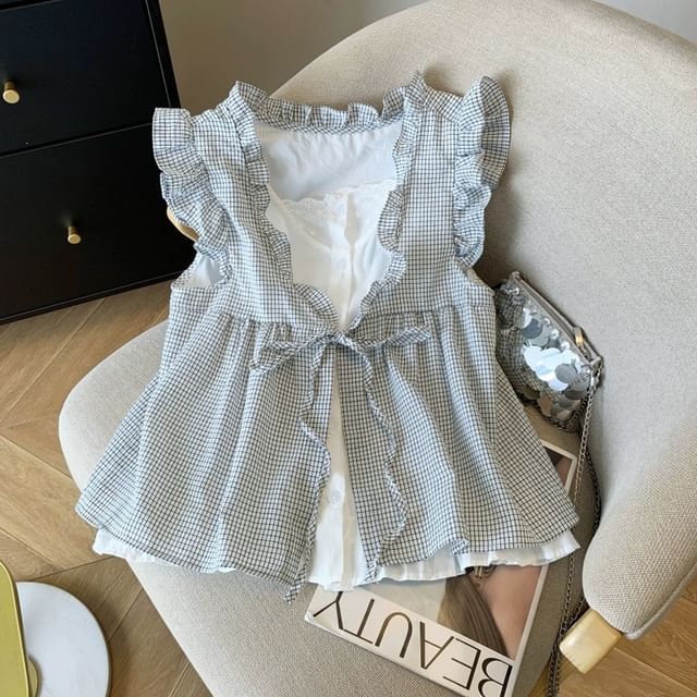 Sleeveless Ruffle Mock Two-Piece Blouse