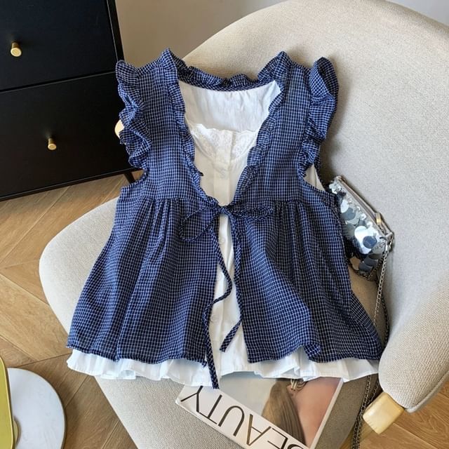 Sleeveless Ruffle Mock Two-Piece Blouse