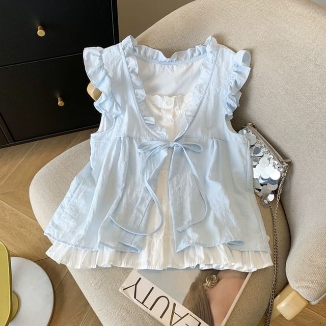 Sleeveless Ruffle Mock Two-Piece Blouse
