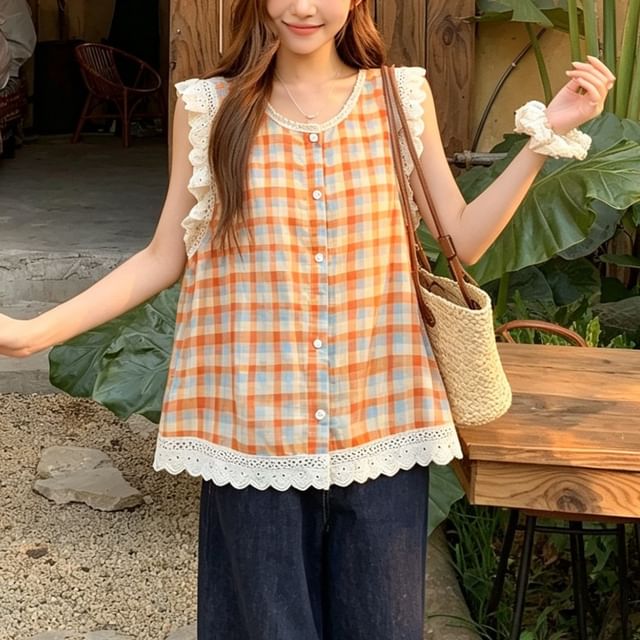 Sleeveless Plaid Lace Trim Blouse