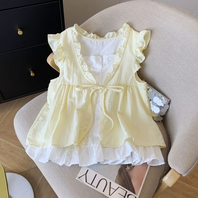Sleeveless Ruffle Mock Two-Piece Blouse
