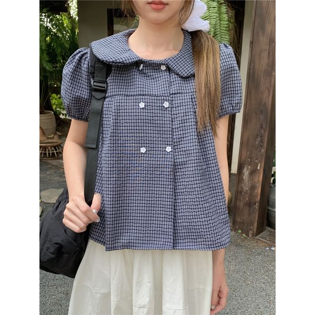 Puff-Sleeve Plaid Blouse