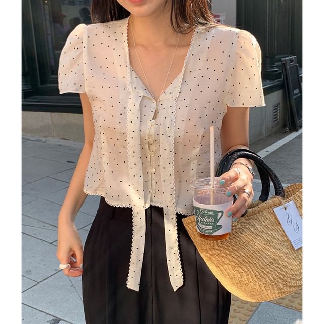 Short-Sleeve Tie-Neck Polka Dot Blouse