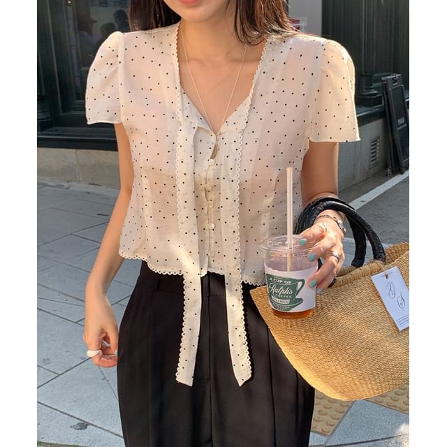 Short-Sleeve Tie-Neck Polka Dot Blouse