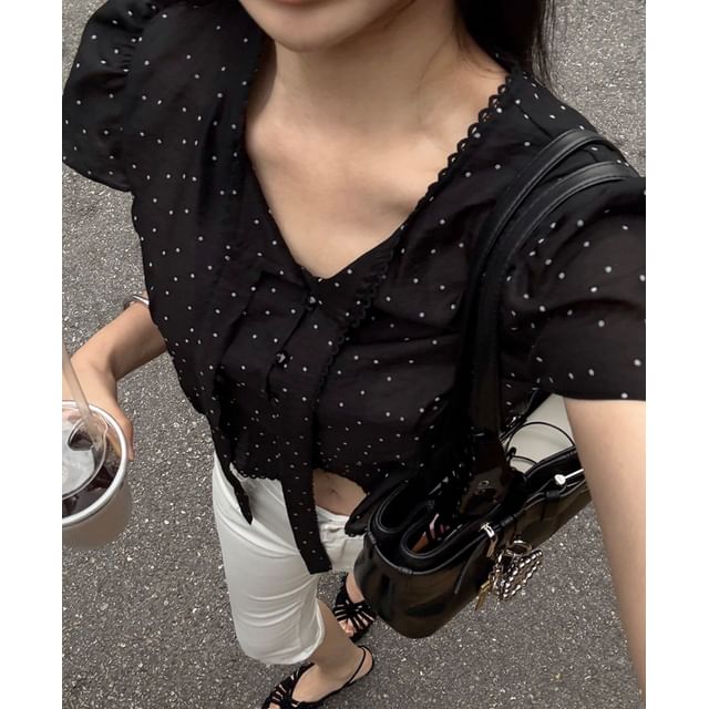 Short-Sleeve Tie-Neck Polka Dot Blouse