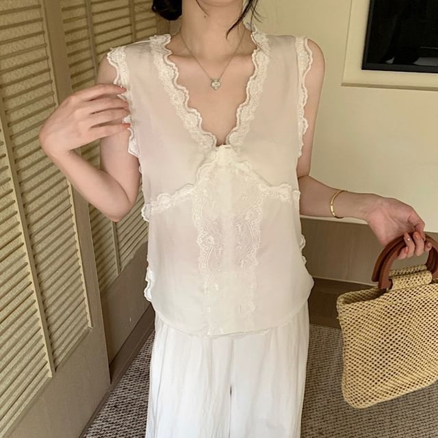 Sleeveless V-Neck Plain Lace Trim Blouse
