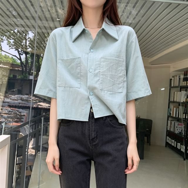 Elbow-Sleeve Button-Up Plain Crop Shirt