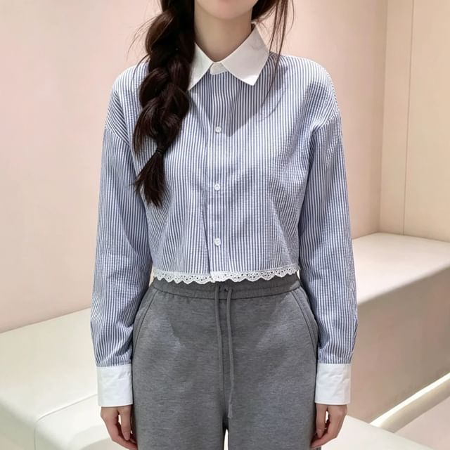 Long-Sleeve Striped Lace Trim Button-Up Crop Shirt