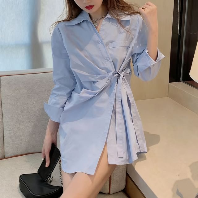 Long-Sleeve Collared Asymmetrical Tie Waist Button-Up Plain Blouse