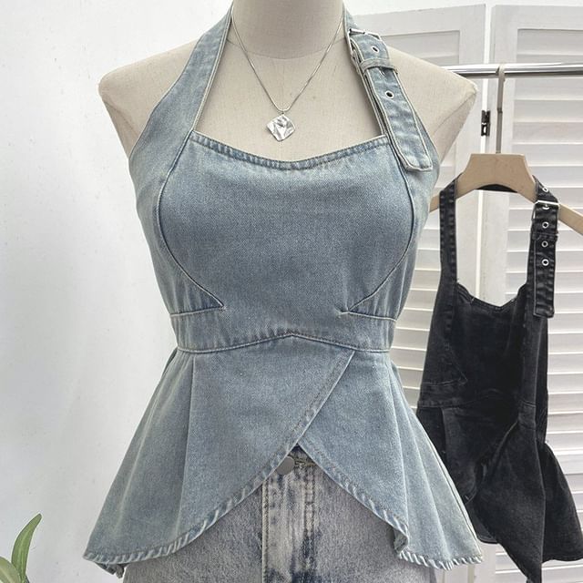 Halter Buckled Open Back Denim Crop Top