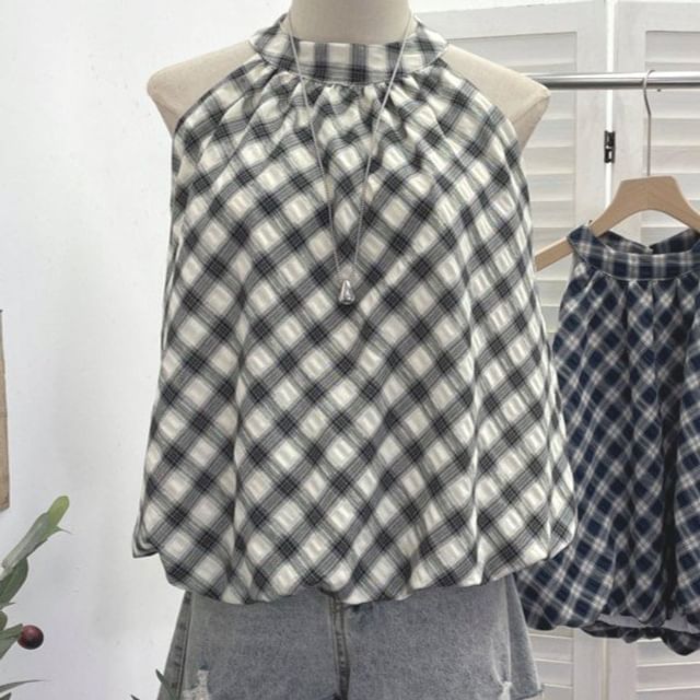 Plaid Halter Neck Bubble Hem Top