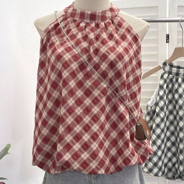 Plaid Halter Neck Bubble Hem Top