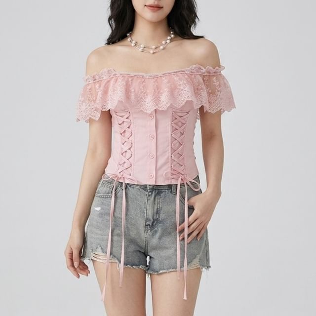 Cap-Sleeve Square Neck Lace-Up Crop Top