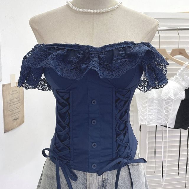 Cap-Sleeve Square Neck Lace-Up Crop Top