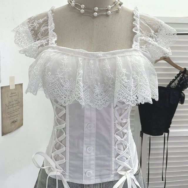 Lace Panel Cap-Sleeve Square Neck Lace-Up Crop Top