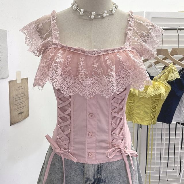 Cap-Sleeve Square Neck Lace-Up Crop Top