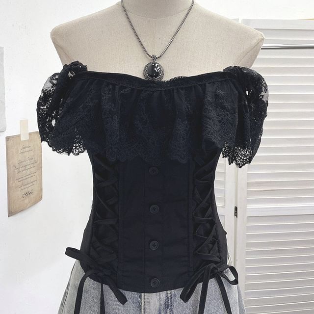 Cap-Sleeve Square Neck Lace-Up Crop Top