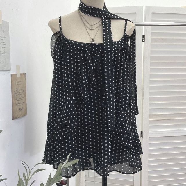 Set: Scoop Neck Polka Dot Ruffle Camisole + Scarf