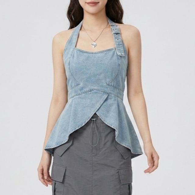 Halter Buckled Open Back Denim Crop Top
