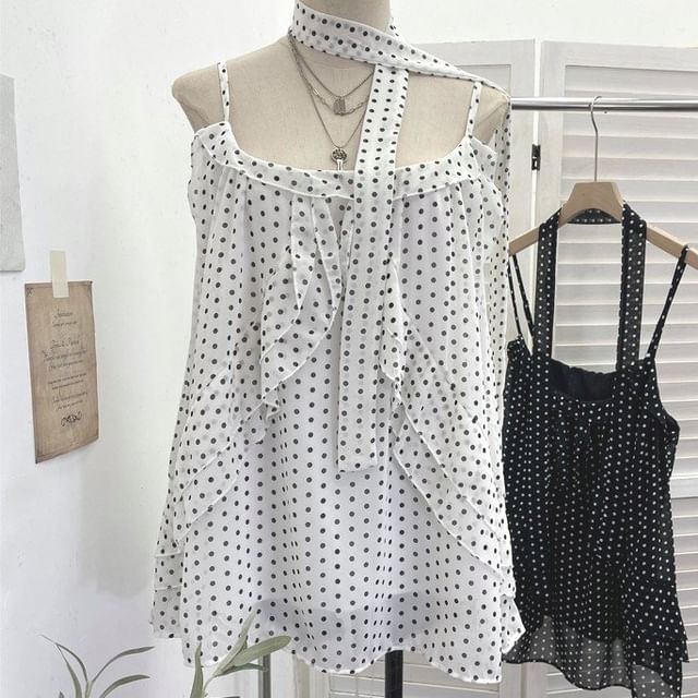 Set: Scoop Neck Polka Dot Ruffle Camisole + Scarf