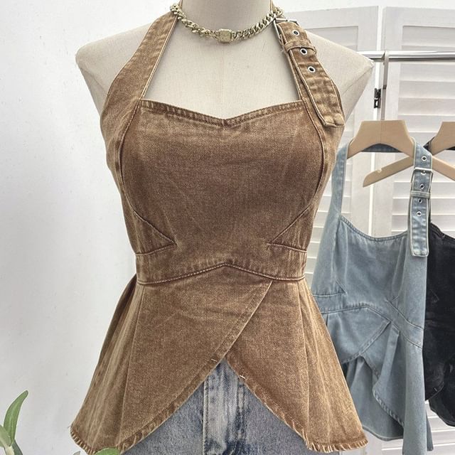 Buckled Open Back Denim Halter Crop Top